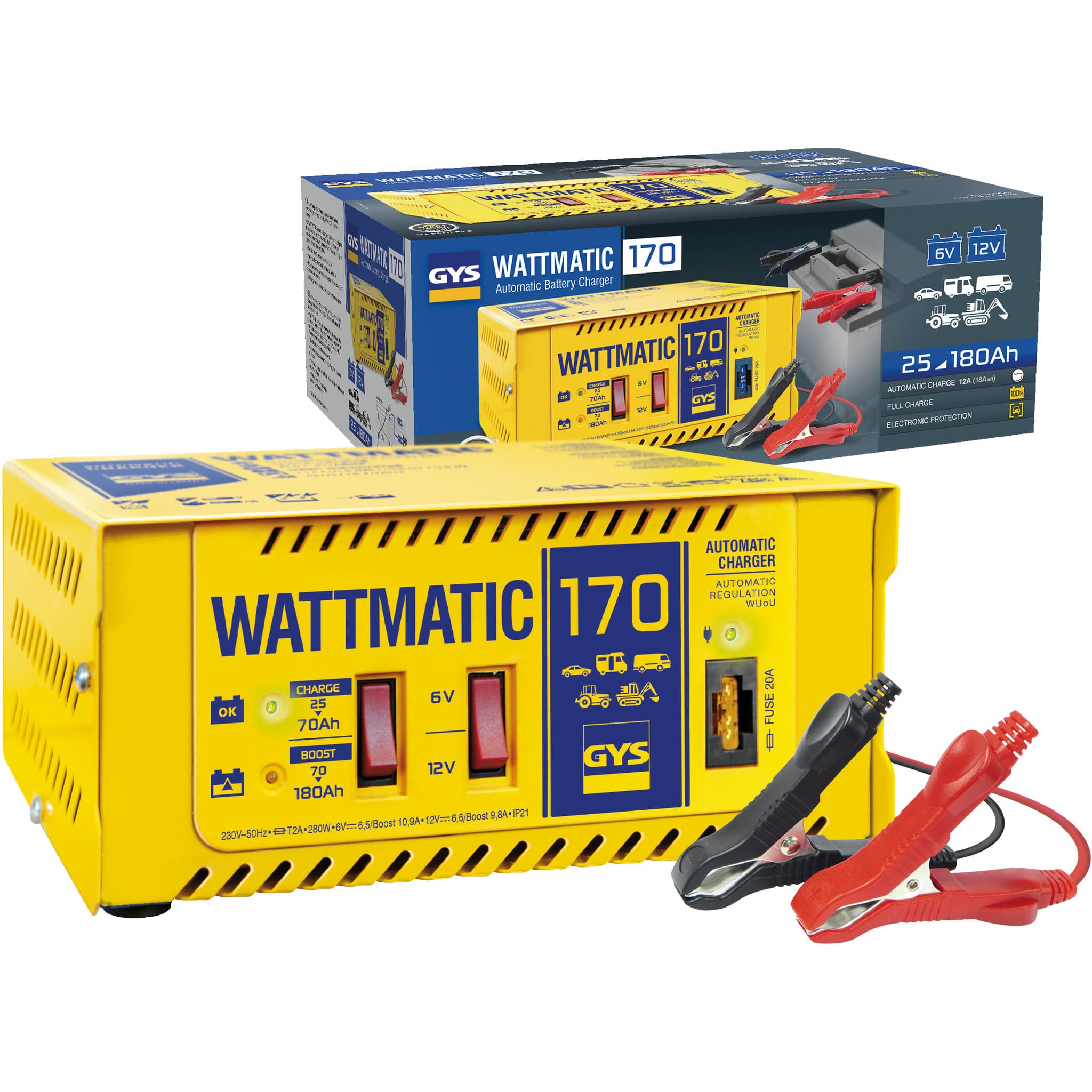 GYS - Chargeur plomb 6V ou 12V/ 6.5 à 10A 230V GYS Wattmatic 170 + pinces crocodiles (Intelligent)