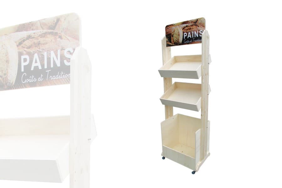 Meuble Présentoir Pain 2 casiers 1 bac Bois Clair AVEC roulettes