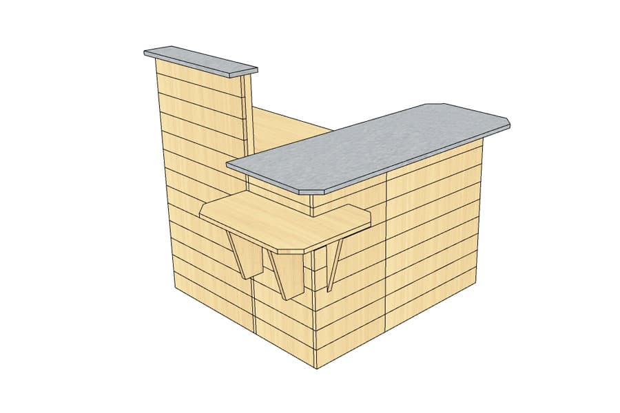 Comptoir de Caisse en "L" (droite) Bois Clair avec PMR d'angle et Plateaux Inox