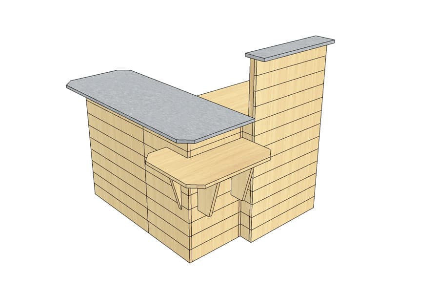 Comptoir de Caisse en "L" (gauche) Bois Clair avec PMR d'angle et Plateaux Inox