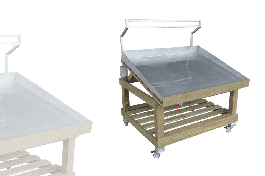 Étal Marché 1 Niveaux  Bois Vieilli AVEC roulettes + Arceau + Bac inox avec robinet