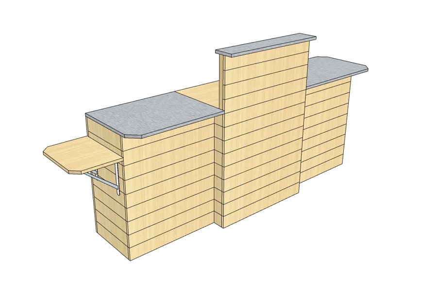 Comptoir de Caisse en Ligne 265 cm Bois Clair avec PMR Pliante et Plateaux Inox