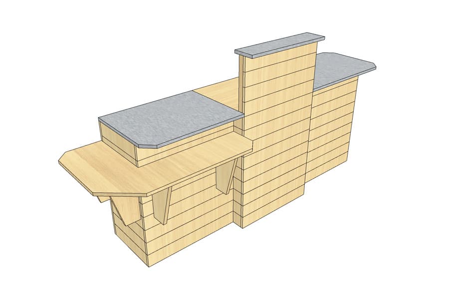 Comptoir de Caisse en Ligne 250 cm Bois Clair avec PMR d'Angle et Plateaux Inox
