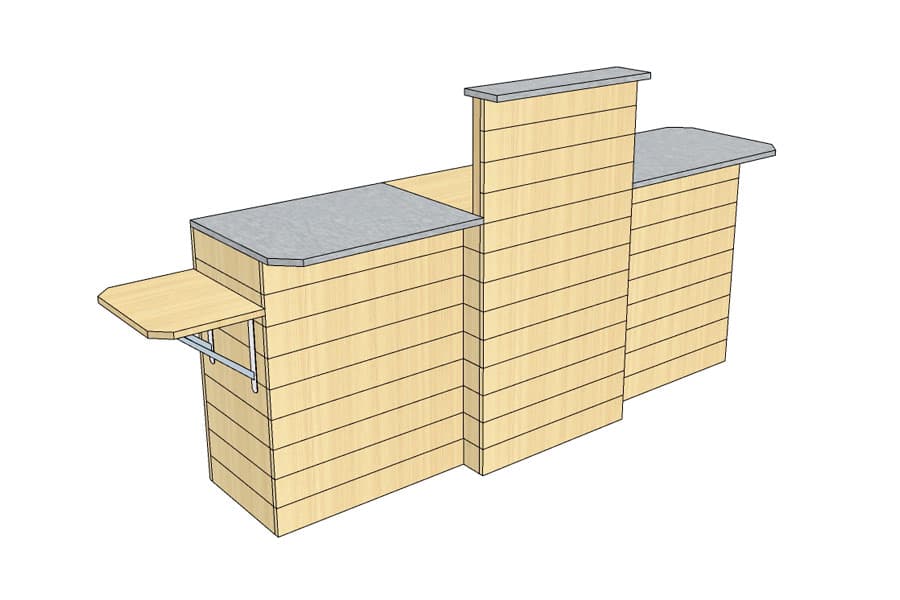 Comptoir de Caisse en Ligne 250 cm Bois Clair avec PMR Pliante et Plateaux Inox