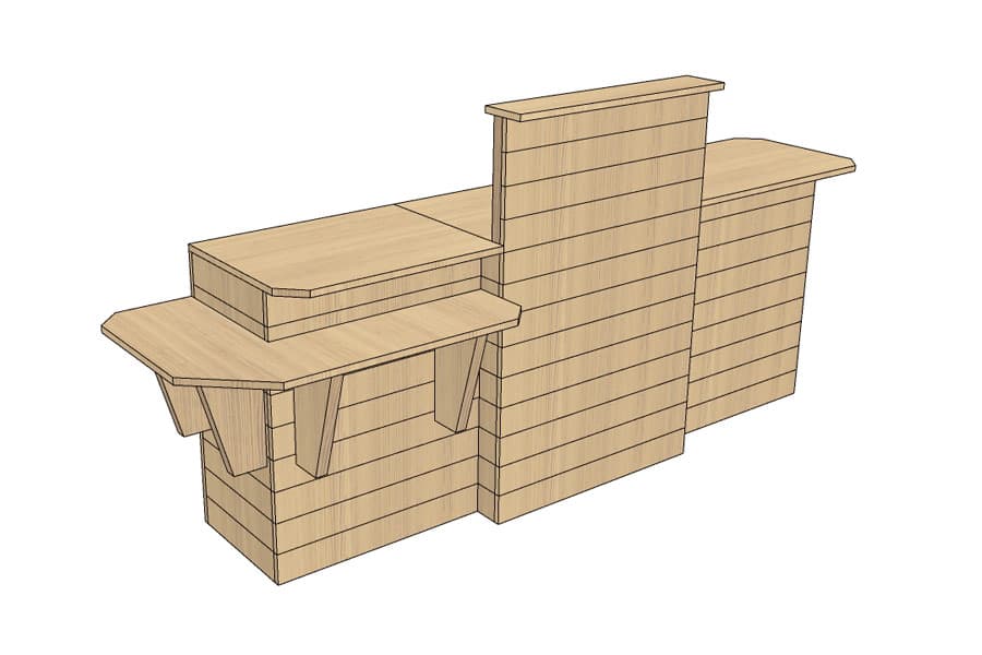 Comptoir d'Encaissement en Ligne 265 cm Bois Vieilli avec PMR d'Angle et Plateaux Bois