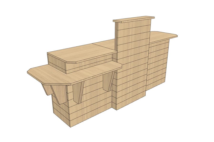 Comptoir d'Encaissement en Ligne 250 cm Bois Vieilli avec PMR d'angle et Plateaux Bois