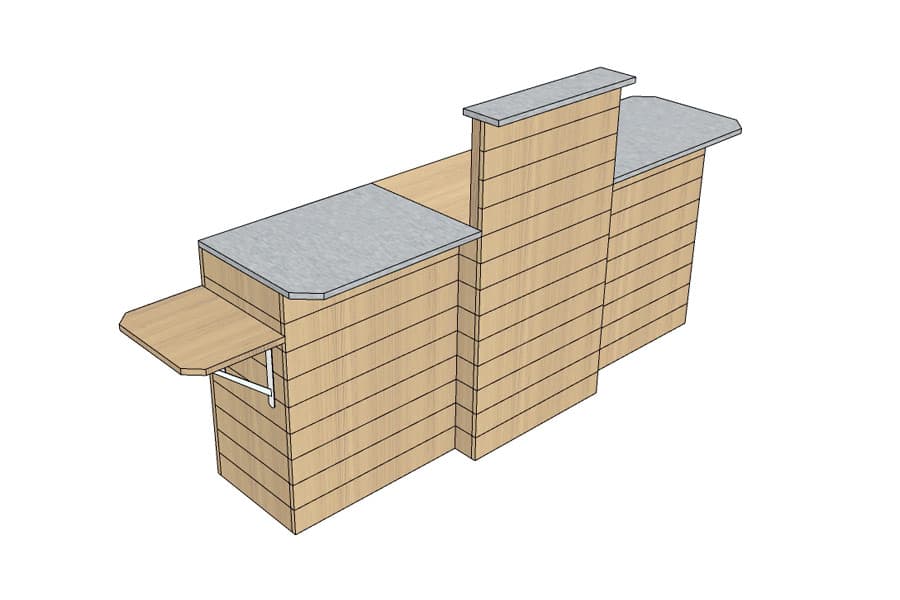 Comptoir d'Encaissement en Ligne 250 cm Bois Vieilli avec PMR Pliante et Plateaux Inox