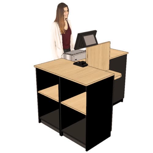 Comptoir caisse 1 poste en L (D) avec dosseret + tablette PMR (LIVRÉ MONTÉ)