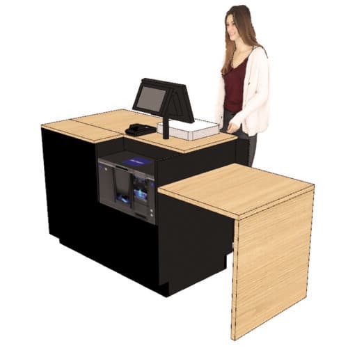 Comptoir caisse 1 poste avec cavité monnayeur + arche PMR à gauche