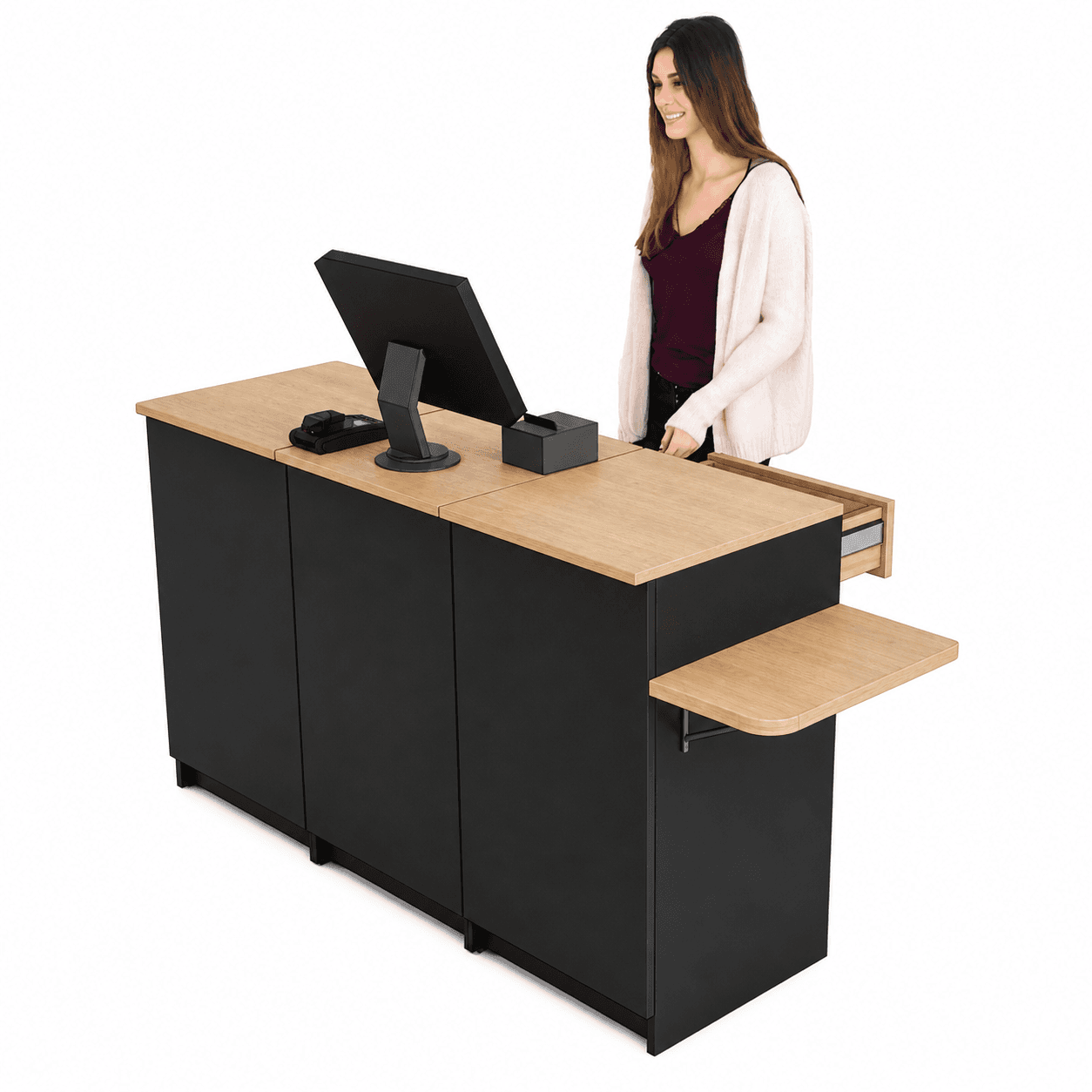 Comptoir caisse 1 poste 3 modules avec tablette PMR (G) + tiroir ( LIVRÉ MONTÉ )