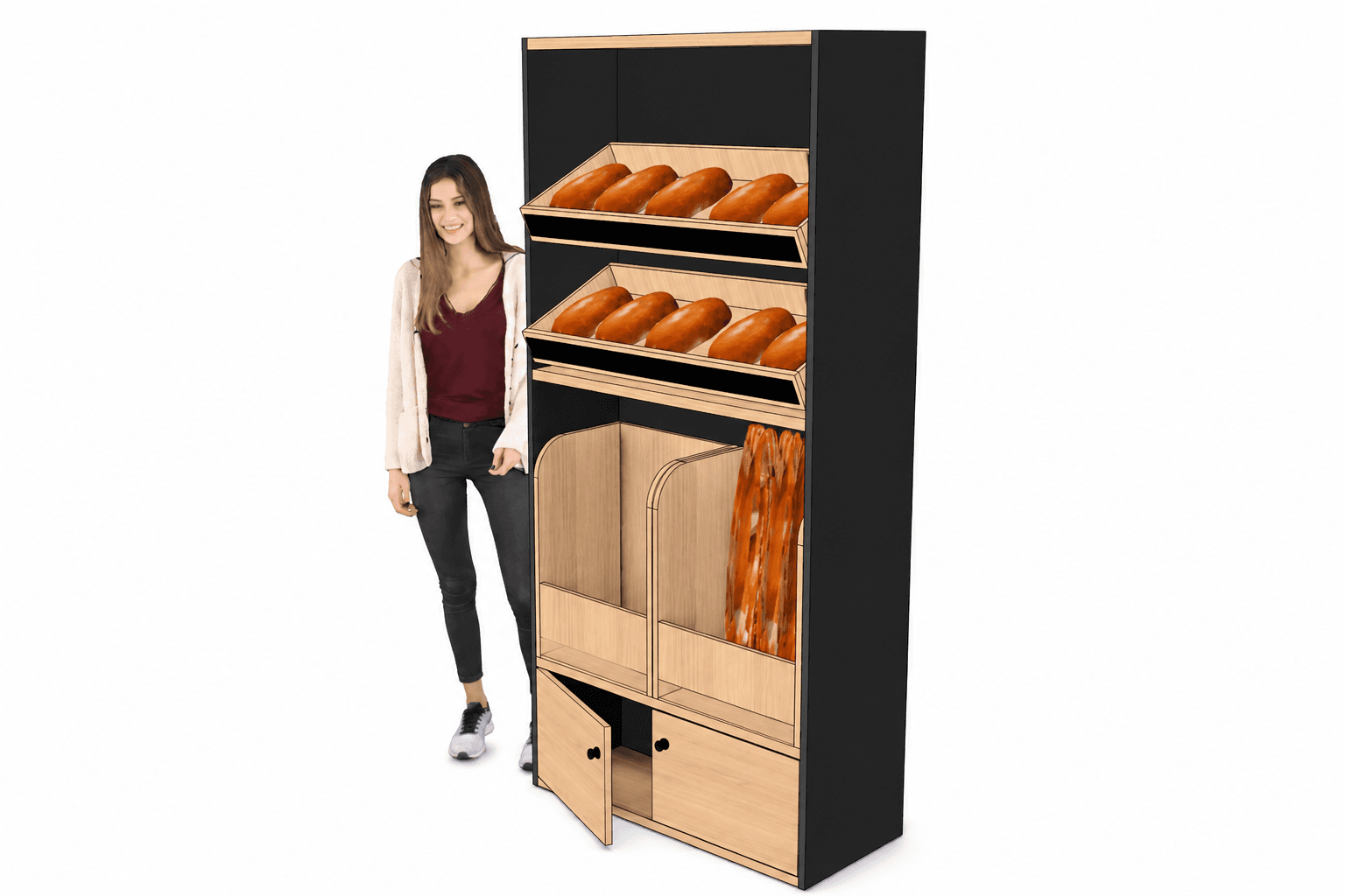 Armoire boulangerie noire avec bac à pain et portes battantes (LIVRÉ MONTÉ)