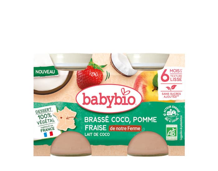 BABYBIO Petits Pots Brassés Végétaux - 2 x 130 g - Dès 6 mois Coco Pomme Fraise