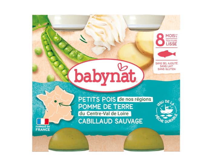 BABYNAT Menu du Jour - 2 x 200g - Dès 8 mois - Petits Pois, PDT et Cabillaud