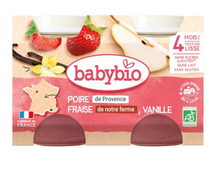 BABYBIO Mes Fruits - 2 x 130 g Poire de Provence Fraise de notre Ferme Vanille - Dès 4 mois