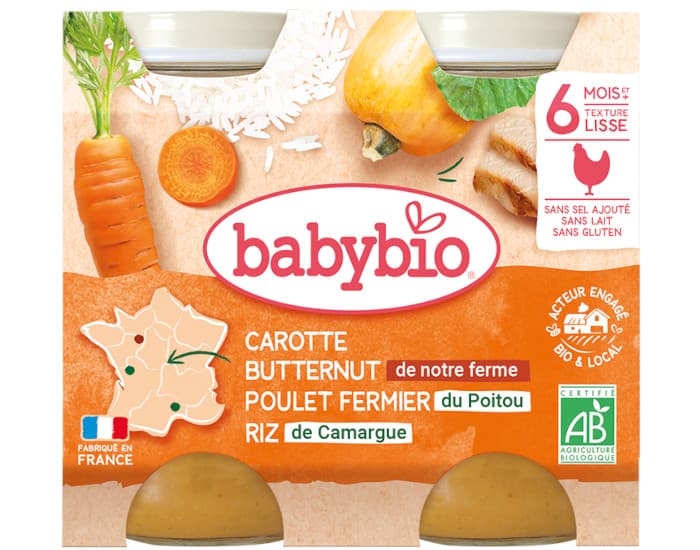 BABYBIO Petits Pots Menu du Jour - 2 x 200g - Dès 6 Mois Carotte Butternut Poulet Riz
