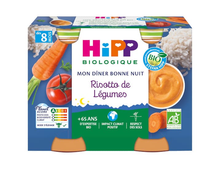 HIPP Mon Diner Bonne Nuit - 2 x 190 g  Risotto de Légumes - 8M