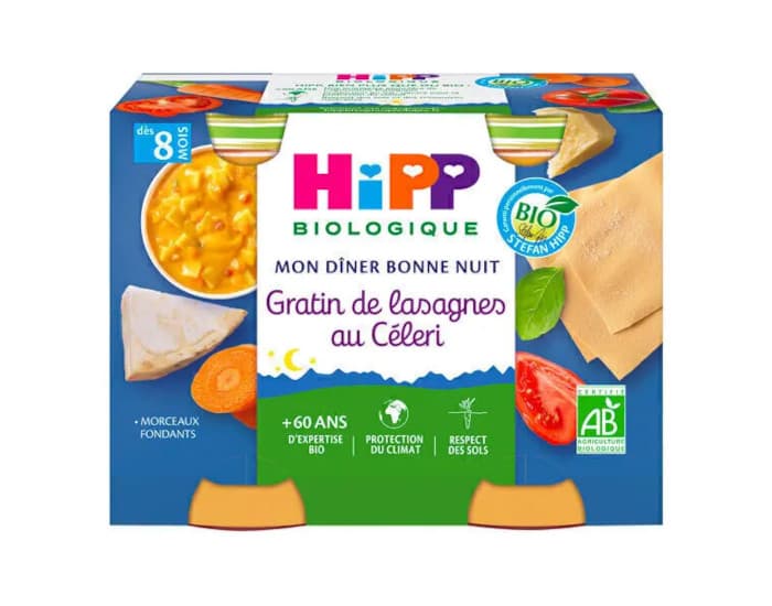 HIPP Mon Diner Bonne Nuit - 2 x 190 g  Gratin de Lasagnes au Céleri - 8M