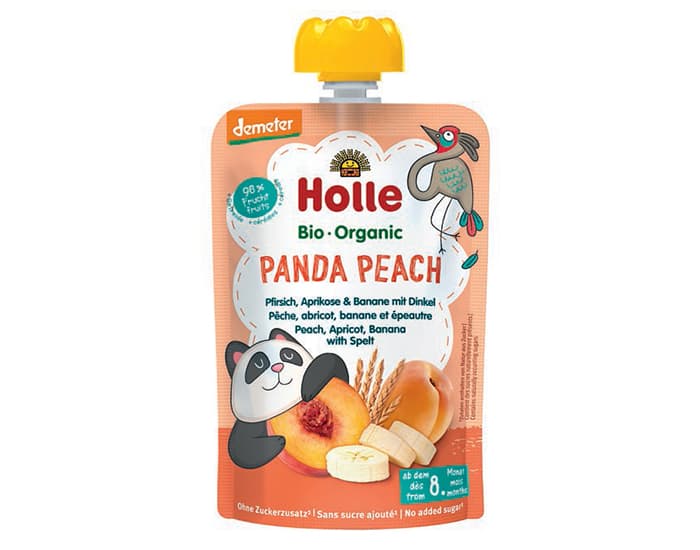 HOLLE Gourde Panda Peach - Pêche Abricot Banane Epeautre - 100 g - Dès 8 mois