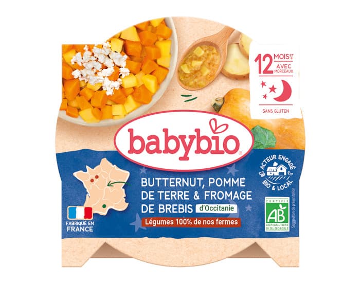 BABYBIO Assiette Bonne Nuit - 230g Butternut et Pomme de Terre Fromage de Brebis - Dès 12 Mois