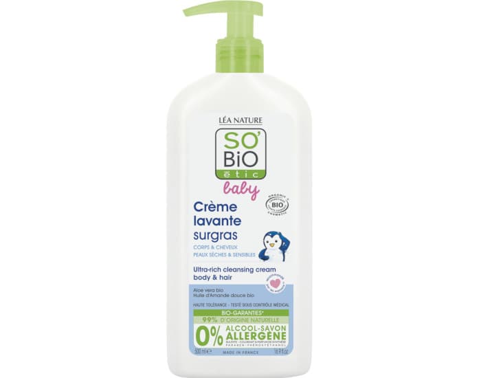 SO'BIO ÉTIC Baby Crème Lavante Surgras Corps et Cheveux - 500 ml