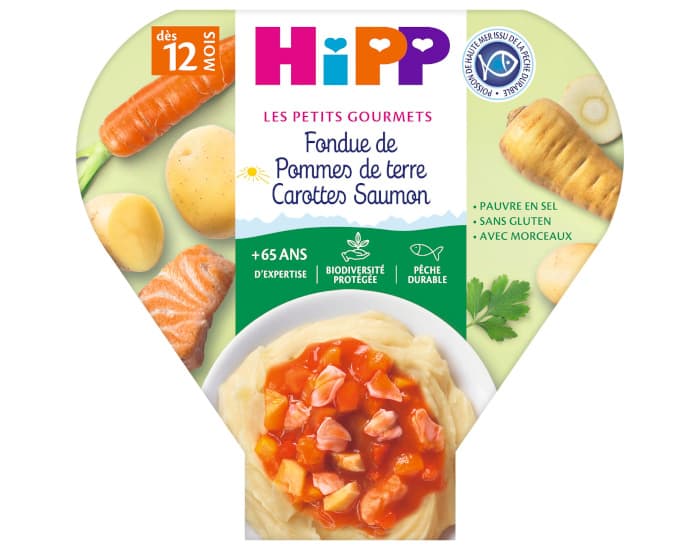 HIPP Assiette - Les Petits Gourmets - 200, 230g ou 260g Fondue de Pommes de terre Carottes Saumon - 12M