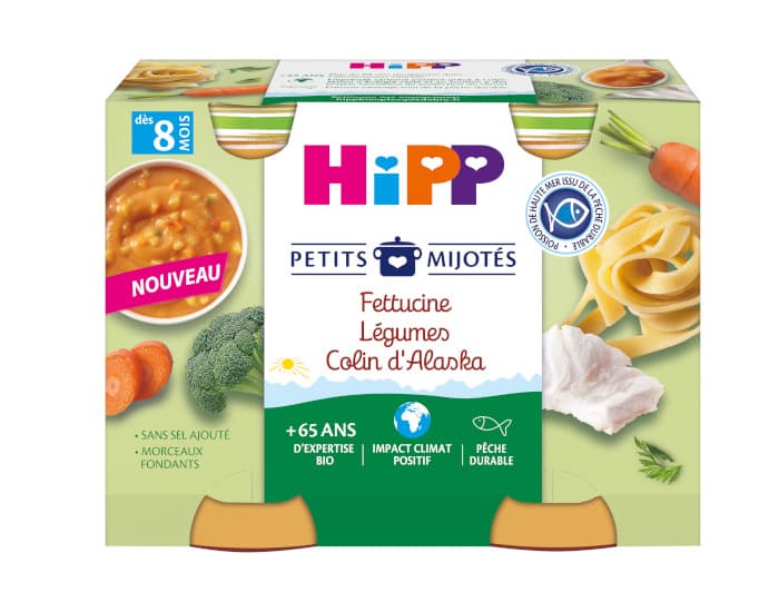 HIPP Les Petits Mijotés - 2 x 190 g Fettucine Légumes Colin d'Alaska - 8M
