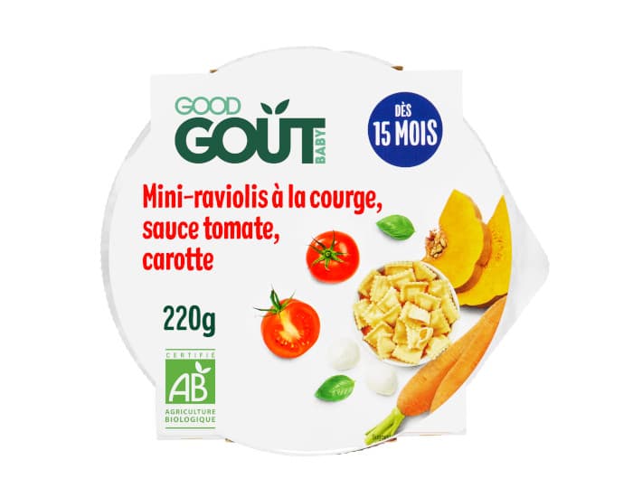 GOOD GOUT Petit Plat Bébé Mini-Raviolis à la Courge, Sauce Tomate, Carotte - 190g  - Dès 15 mois