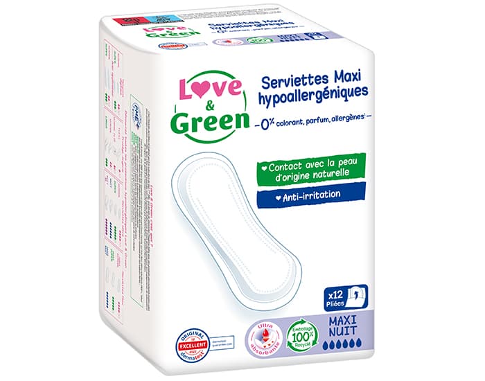  Love and Green Serviettes Maternité Maxi Nuit Sans Ailettes - Boite de 12