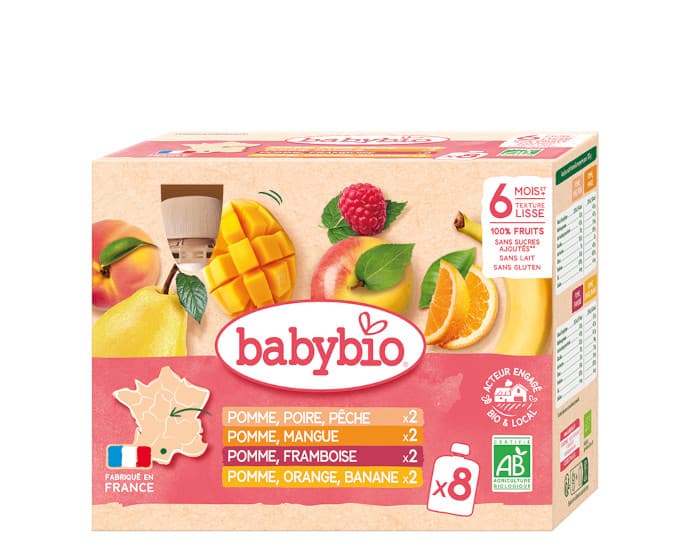 BABYBIO Multiparfums Gourde de Fruits - 8x90g - Dès 6 mois