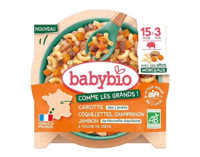 BABYBIO Assiette Menu Comme les Grands - 190 g ou 200 g - Dès 15 mois Carotte des Landes Champignons Coquillettes Jambon