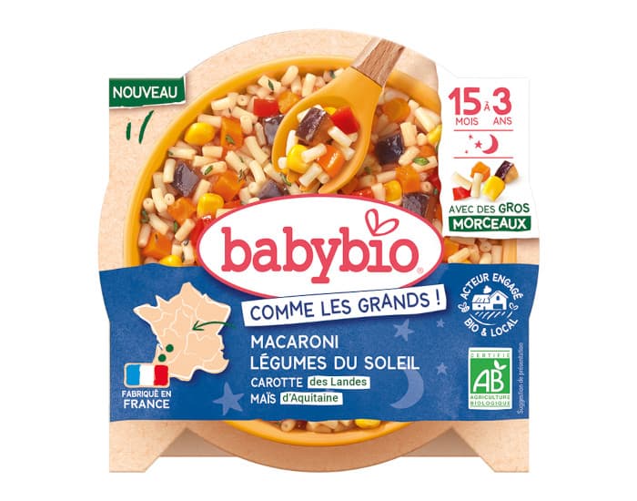 BABYBIO Assiette Menu Comme les Grands - 190 g ou 200 g - Dès 15 mois Bonne Nuit Macaroni et Légumes du Soleil Carotte des Landes Maïs d'Aquitaine