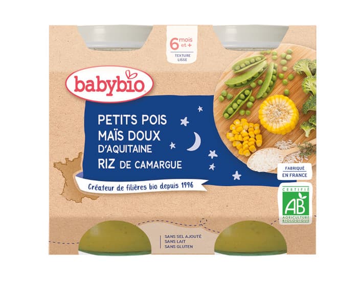 BABYBIO Petits Pots Bonne Nuit - 2x200g - Dès 6 mois Petits Pois et Maïs doux d'Aquitaine - Riz - 6 M