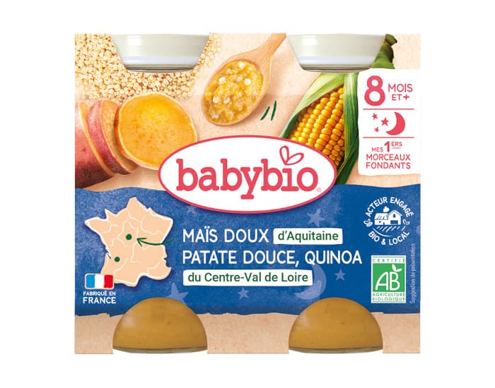 BABYBIO Petits Pots Bonne Nuit - 2x200g - Dès 6 mois Maïs doux d'Aquitaine - Patate douce - Quinoa - 8 M