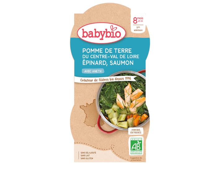 BABYBIO Bols Menu du Jour - 2 x 200 g Pomme de Terre - Épinards - Saumon - 8 Mois