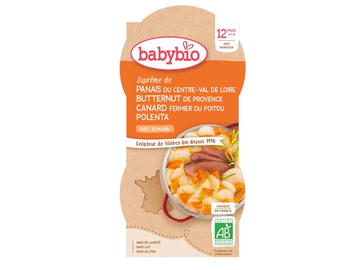 BABYBIO Bols Menu du Jour - 2 x 200 g Panais Courge Canard Polenta - 12mois