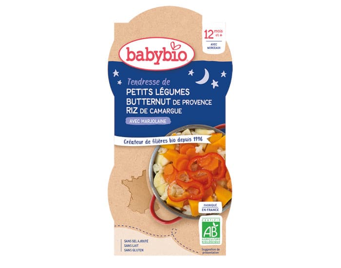BABYBIO Bols Bonne Nuit - 2 x 200 g Tendresse de petits légumes - Riz - 12 mois