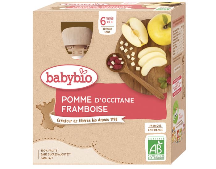 BABYBIO Gourdes - 4x90g - Dès 6 mois Pomme - Framboise