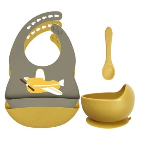 Set repas en silicone, bol, bavoirs, cuillère