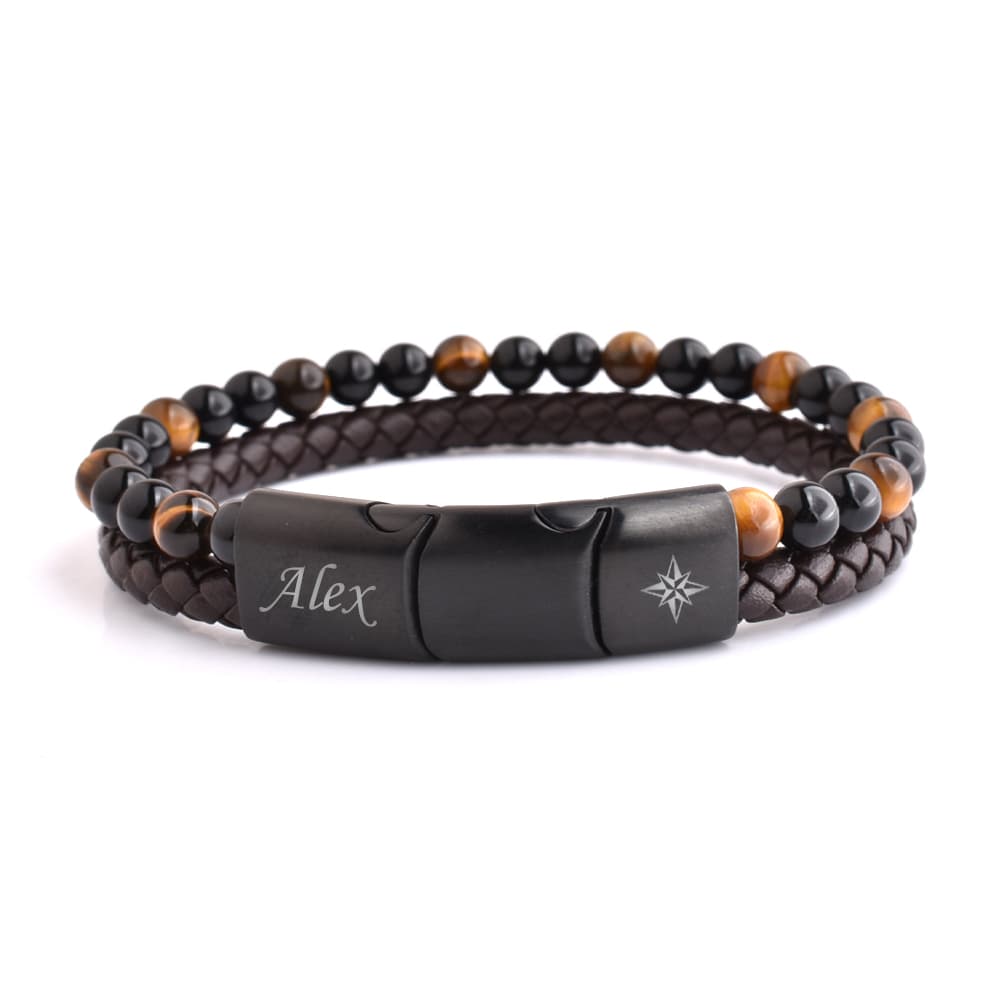 Bracelet cuir marron pierres naturelles personnalisé - 2469
