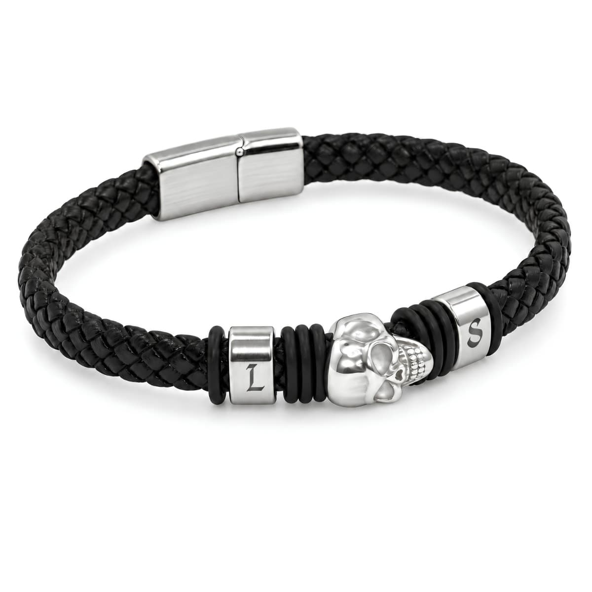 Bracelet cuir noir tête de mort personnalisé - 2536