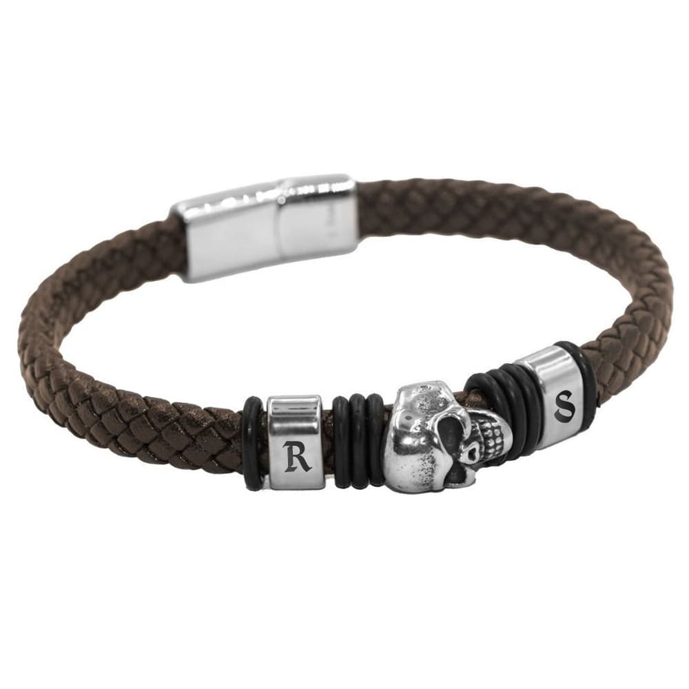 Bracelet cuir marron tête de mort personnalisé - 2537