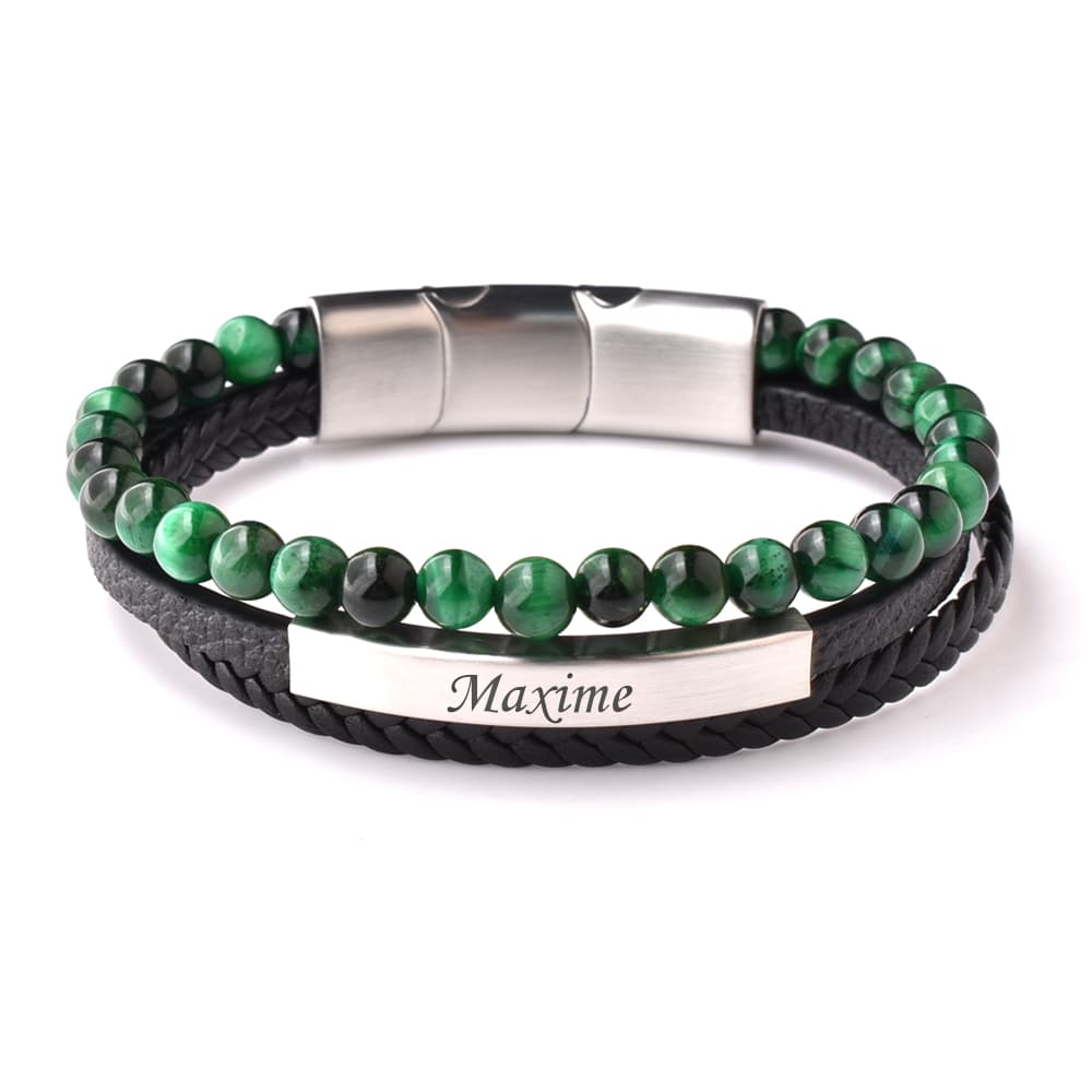 Bracelet cuir et perles œil de tigre vertes personnalisé - 2918