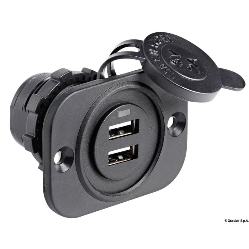 Prise allume-cigares et/ou USB Noir Double prise USB, montage avec écrou arrière + panneau