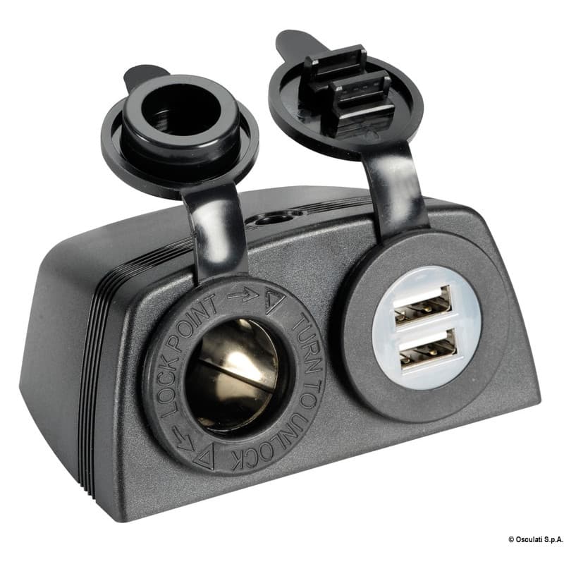 Prise allume-cigares et/ou USB Noir Prise allume-cigares + double USB + carénage pour fixation sur plan