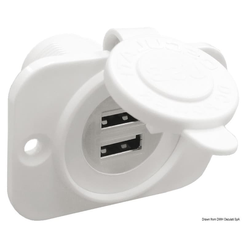 Prise allume-cigares et/ou USB Blanc Double prise USB, montage avec écrou arrière + panneau