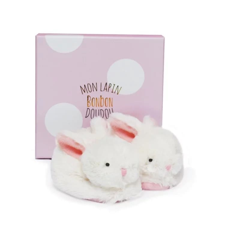 Lapin bonbon - chausson doudou et compagnie avec hochet rose
