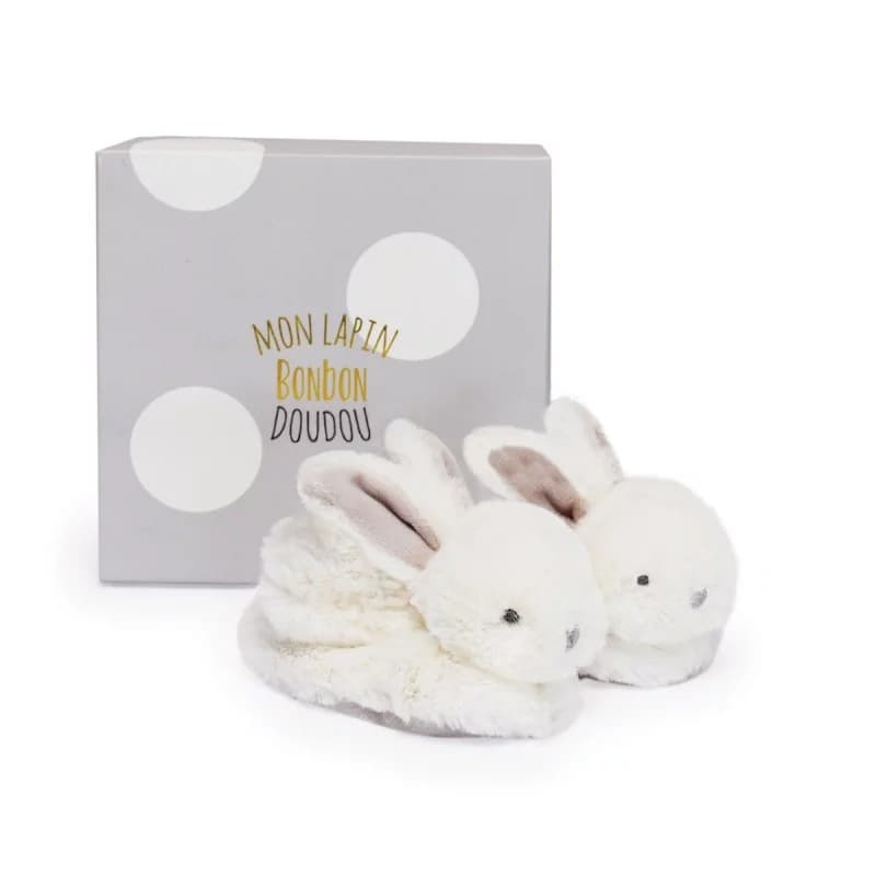 Lapin bonbon - chausson doudou et compagnie avec hochet taupe