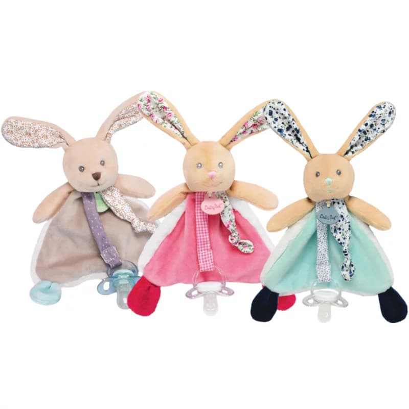 Doudou attache-sucette lapin poupi gris
