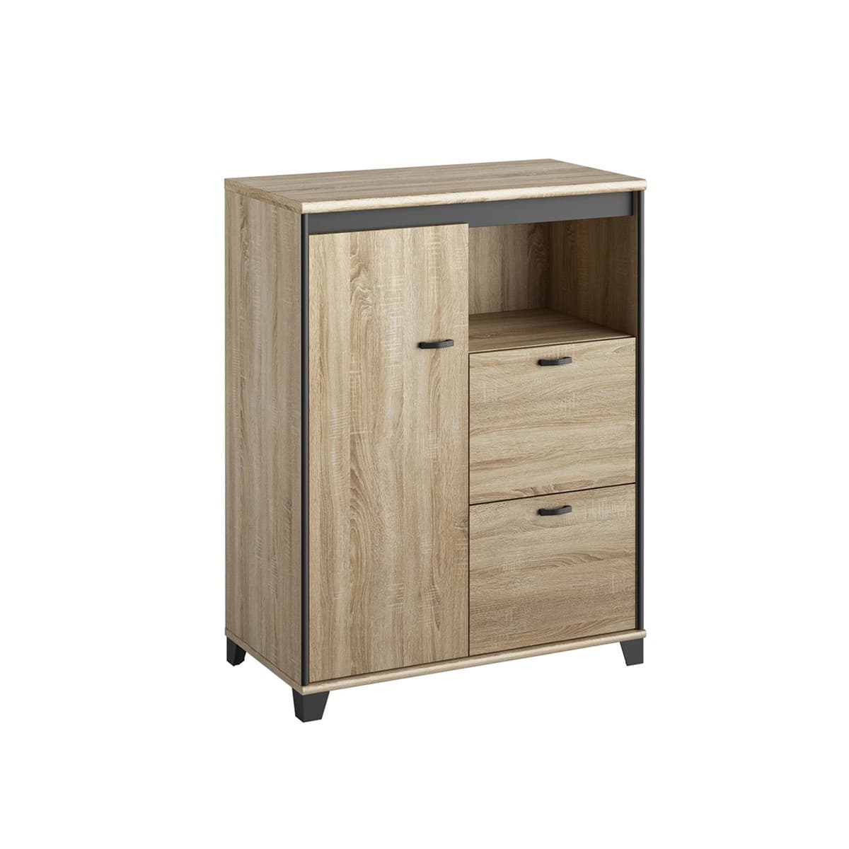 Meuble Rangement 1 porte 2 tiroirs Mambo - Fabrication Française - Couleur : Bois clair - Panneaux de particules - Calicosy
