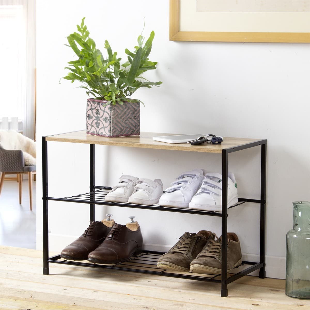 Étagère à chaussures 3 niveaux L63 cm - LEXIE - Couleur : Noir - Métal - Calicosy